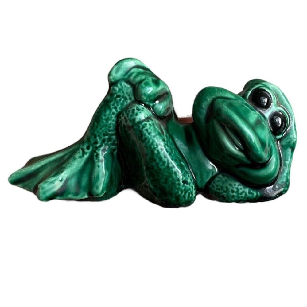 Vintage Glazed Emerald Green Frog relaxing Figurine Stoneware Ceramic
